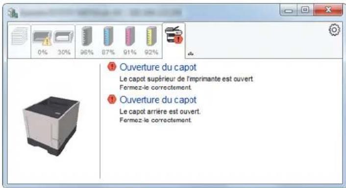 0% 30% 96% 87% 91% 92% ① Ouverture du capot Le capot supérieur de l'imprimante est ouvert Fermez-le correctement. ② Ouverture du capot Le capot arrière est ouvert. Fermez-le correctement.