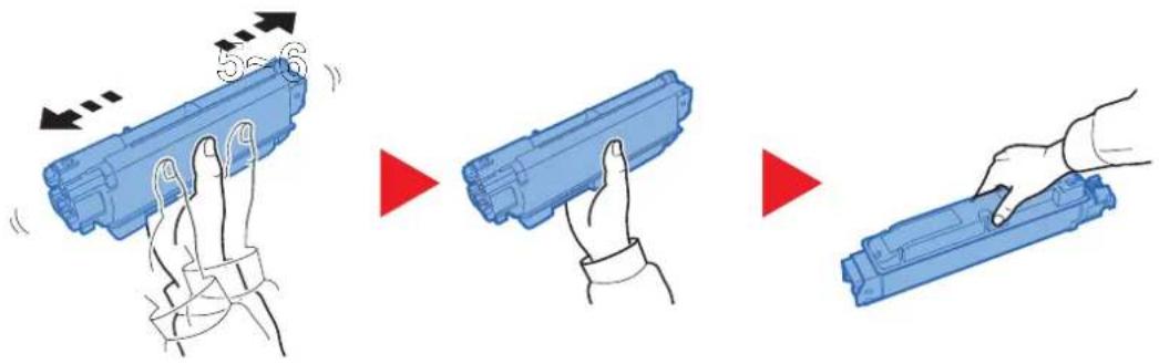 Diagram illustrating three-step assembly process of a blue cylindrical device, showing hand positioning and red triangular steps.