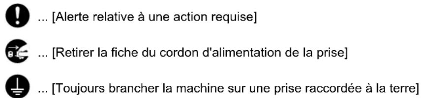 ! ... [Alerte relative à une action requise] ... [Retirer la fiche du cordon d'alimentation de la prise] ... [Toujours brancher la machine sur une prise raccordée à la terre]