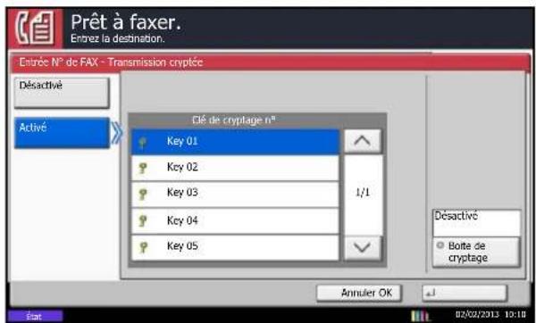 Prêt à faxer. Entrez la destination. Entrée N° de FAX - Transmission cryptée Déactivé Activé Clé de cryptage n° Key 01 Key 02 Key 03 Key 04 Key 05 1/1 Déactivé Boite de cryptage Annuler OK 02/02/2013 19:18
