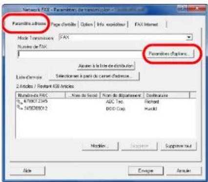 Network FAX - Parameters de transmission Paramètre adresse: Page d'artite | Option | Info expediteur | FAX Internet Mode Transmission: FAX Numéro de FAX Paramètres d'options... Liste d'actions: Sélectiones à partir du carret d'actions... 2 Articles / Résant 438 Articles Numéro de FAX : Nom de Secid | Nom de département | Domiculture 6789012345 5498260012 ABC Tec. | Richard DOD Cop. | Husid Nombre... | Supérieure | Supérieure tout Ade Envoire Arruler