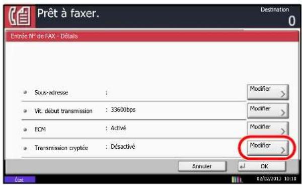 Prêt à faxer. Destination 0 Entrée N° de FAX - Détalis Sous-adresse : Vit. début transmission : 33600bps ECM : Activé Transmission cryptée : Désactivé Modifier > Modifier > Modifier > Annulier OK Fax 02/02/2013 10:10