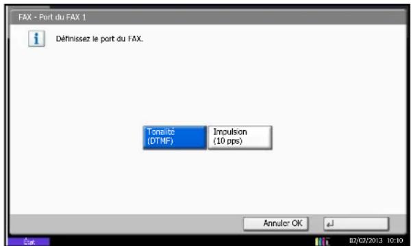 FAX - Port du FAX 1 Définissez le port du FAX. Tonalité (DTMF) Impulsion (10 pps) Annuler OK 82/02/2013 10:10