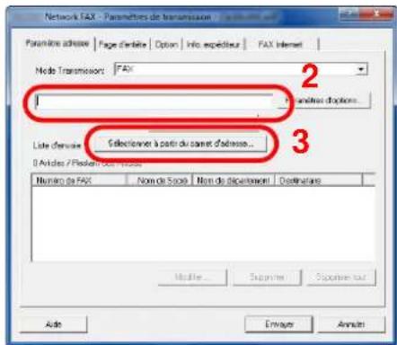 Network FAX - Paramètres de transmission Paramètre adresse | Page d'ordite | Option | Info. espécteur | FAX Internet Mode Transmission: FAX 1 2 3 Liste d'ordite : Selectioner à partir du caset d'adresse... 0 Articles / Flasien/ou Nettes Numéro de FAX | Nom de Spas | Nom de département | Destination Modér... Supérie Supérie sur Aide Envage Années