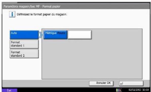 Paramètres magasin/bac MF - Format papier Définitsez le format papier du magasin. Auto Format standard 1 Format standard 2 Metrique Pouce Annuler OK 02/02/2013 10:10