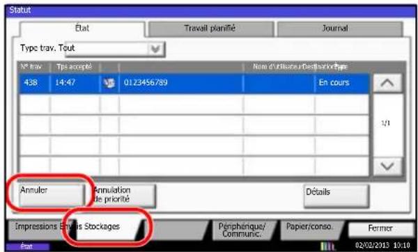 Statut État Travail planifié Journal Type trav. Tout N° trav Tipé accepté Nom d'Utiliser Déprétaire Pages 438 14:47 0123456789 En cours Annuler Annulation de priorité Détails Impressions Enviis Stockages Pérphérique/ Communie. Papier/conso. Former 02/02/2013 10:10