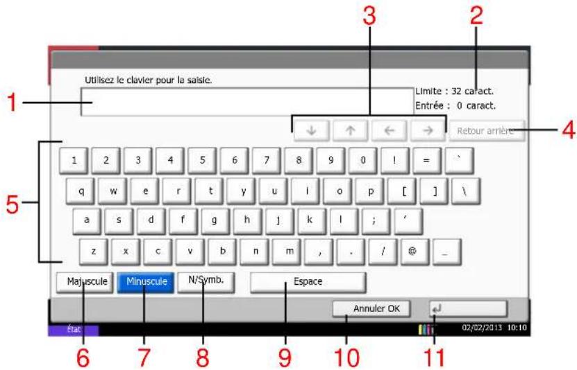 Utilisez le clavier pour la saisie. Limite : 32 caract. Entrée : 0 caract. ↓ ↑ ← → Retour arrêté 1 4 5 6 7 8 9 10 11 Majuscule Minuscule N/Symb. Espace Annuler OK 07/02/2013 10:10