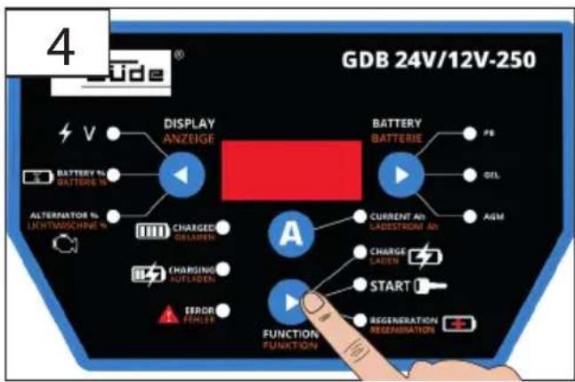 GDB 24V/12V-250 4 v DISPLAY ANZEIGE BATTERY BATTERIE PB BATTERY % BATTERIE % ALTERNATOR % LIGHTMOSCHINE % CHARGED CILLIATION CURRENT AD LAGESTROM AN OIL AGM A CHARGED LAUSEN START ERGR FLOWER FUNCTION FUNCTION REGENERATION RECOGNIZATION (10)