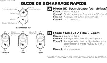 GUIDE DE DÉMARRAGE RAPIDE Bouton mini multi Volume 1 Volume 2 Bouton détaisonnage Soundscape 3D Bouton soundscale Bouton de égaliserale Musique Film Sport Mode 3D Soundscape (par défaut) Etape 1: Brancher USB Etape 2: Diodie du bouton Soundscape 3D allumé Etape 3: Appuser le bouton d'étalônnage Etape 4: Lille la musique Mode Musique / Film / Sport Etape 1: Branche USB Etape 2: Appuser le bouton Soundscape 3D Etape 3: Appuser le bouton de l'égalisateur pour sélectionner le mode Musique / Film / Sport. Etape 4: Lille la musique Veuillez visiter www.acer.com/prestar pour la garantie.