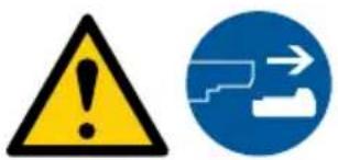 Two warning signs: a yellow triangular warning triangle with an exclamation mark and a blue circular traffic sign with an arrow.