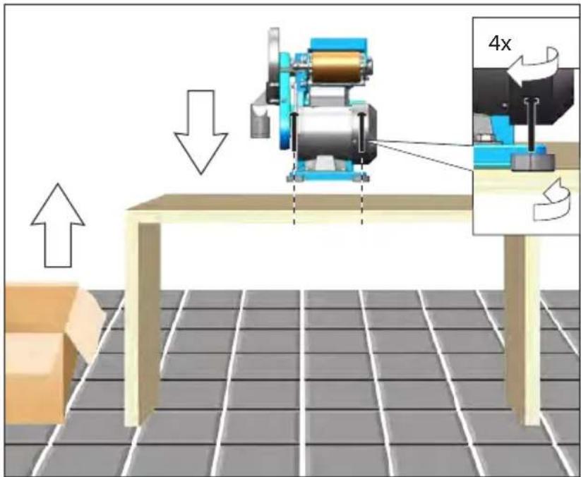 Diagram illustrating a mechanical assembly process with labeled components and directional arrows, including a 4x zoom indicator.