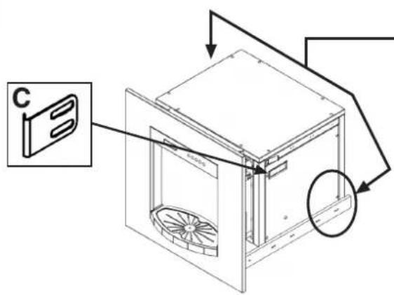 Diagram of a refrigerator with labeled components and directional arrows indicating assembly or installation steps