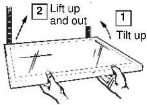 2 Lift up and out. 1 Tilt up.