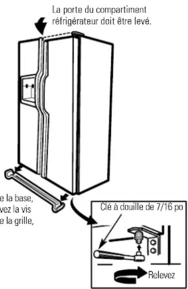 La porte du compartiment réfrigérateur doit être levé. Le la base, vez la vis e la grille, Clé à douille de 7/16 po Relevez