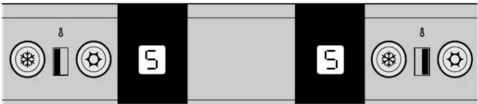 Diagram showing three identical icons with symbols and the number '5' in black, likely representing a control panel or indicator.