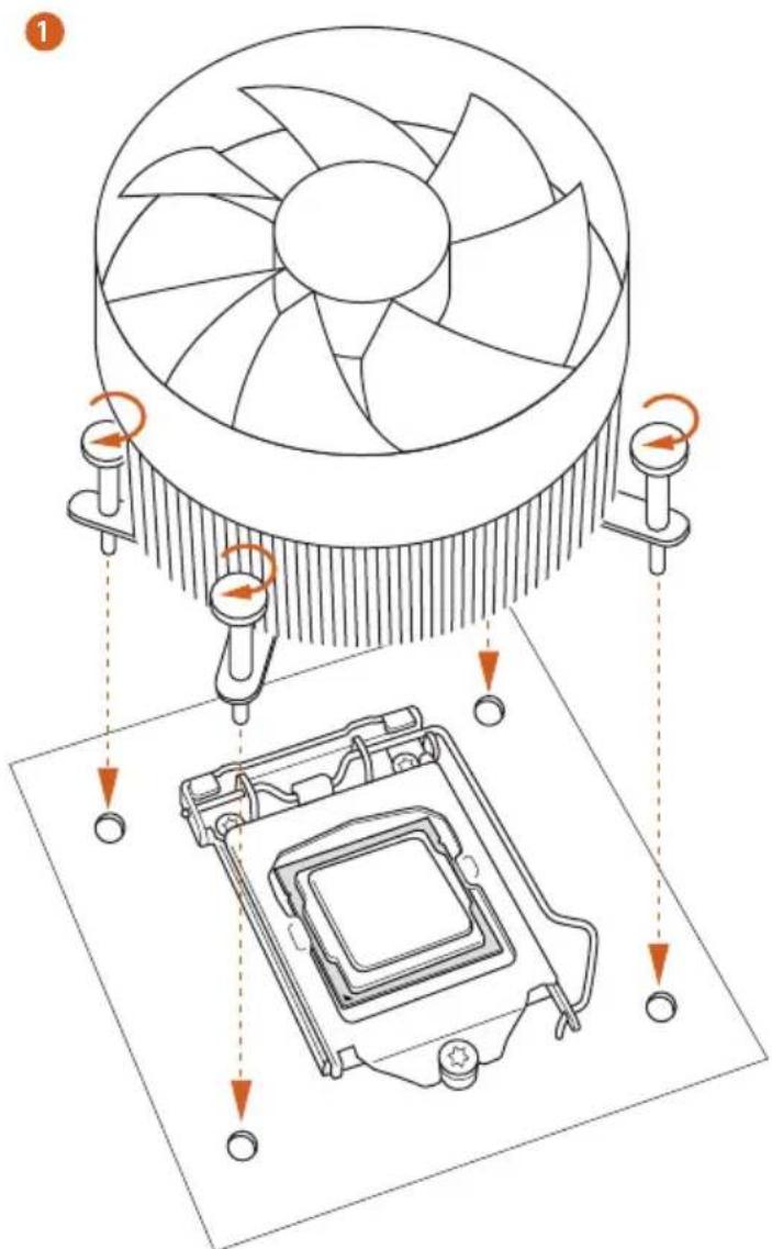 Technical diagram showing cooling fan installation and CPU socket assembly with directional arrows indicating rotation