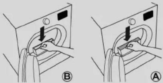 Diagram showing two steps of a washing machine with labeled parts and directional arrows indicating motion.