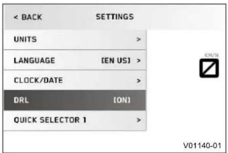 < BACK SETTINGS UNITS > LANGUAGE (EN US) > CLOCK/DATE > DRL (ON) QUICK SELECTOR 1 >