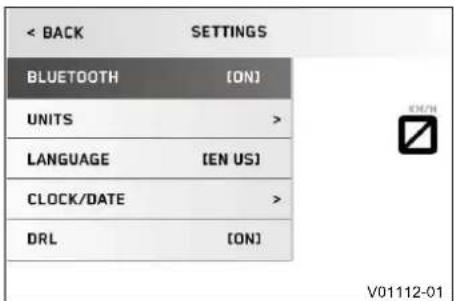 < BACK SETTINGS BLUETOOTH [ON] UNITS > LANGUAGE [EN US] CLOCK/DATE > DRL [ON] V01112-01