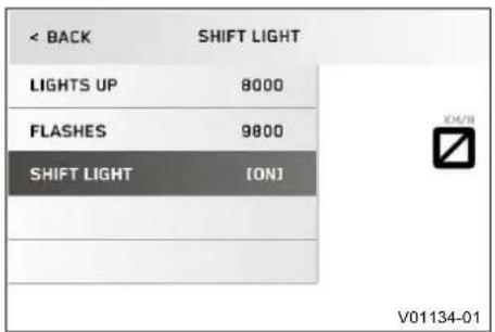 < BACK SHIFT LIGHT LIGHTS UP 8000 FLASHES 9800 SHIFT LIGHT (ON) V01134-01