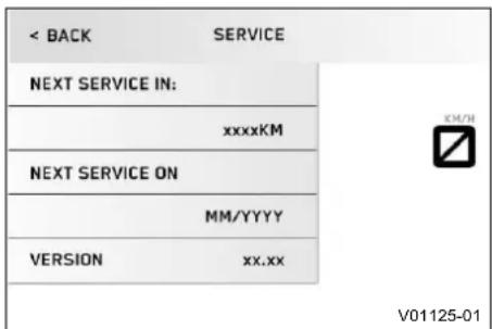 < BACK SERVICE NEXT SERVICE IN: xxxxKM NEXT SERVICE ON MM/YYYY VERSION xx.xx V01125-01