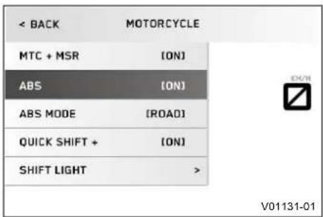 < BACK MOTORCYCLE MTC + MSR [ON] ABS [ON] ABS MODE [ROAD] QUICK SHIFT + [ON] SHIFT LIGHT > V01131-01