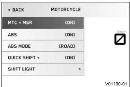 < BACK MOTORCYCLE MTC + MSR (ON) ABS (ON) ABS MODE (ROAD) QUICK SHIFT + (ON) SHIFT LIGHT > V01130-01