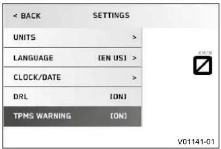 < BACK SETTINGS UNITS > LANGUAGE (EN US) > CLOCK/DATE > DRL (ON) TPMS WARNING (ON) V01141-01