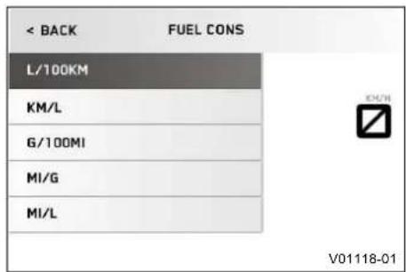 < BACK FUEL CONS L/100KM KM/L G/100MI MI/G MI/L V01118-01