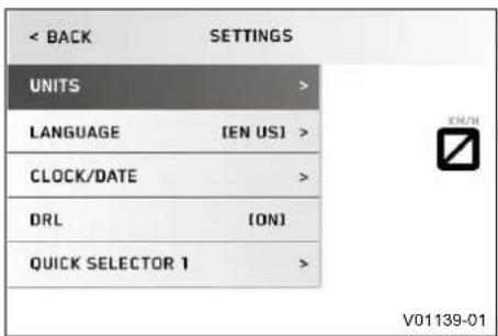 UNITS LANGUAGE [EN US] > CLOCK/DATE > DRL [ON] QUICK SELECTOR 1 >