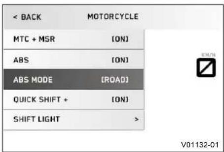 < BACK MOTORCYCLE MTC + MSR [ON] ABS [ON] ABS MODE [ROAD] QUICK SHIFT + [ON] SHIFT LIGHT > V01132-01