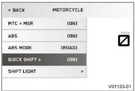 < BACK MOTORCYCLE MTC + MSR (ON) ABS (ON) ABS MODE (ROAD) QUICK SHIFT + (ON) SHIFT LIGHT > V01133-01