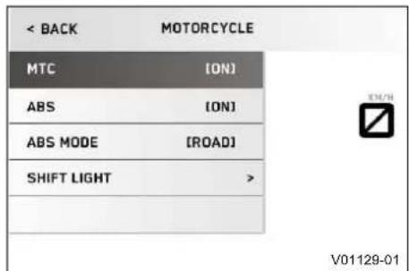 < BACK MOTORCYCLE MTC [ON] ABS [ON] ABS MODE [ROAD] SHIFT LIGHT > V01129-01