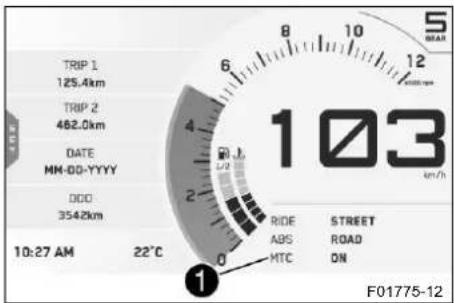 TRIP 1 125.4km TRIP 2 462.0km DATE MM-00-YYYY DDD 3542km 10:27 AM 22°C 103 km/h RIDE STREET ABS ROAD MTC ON F01775-12