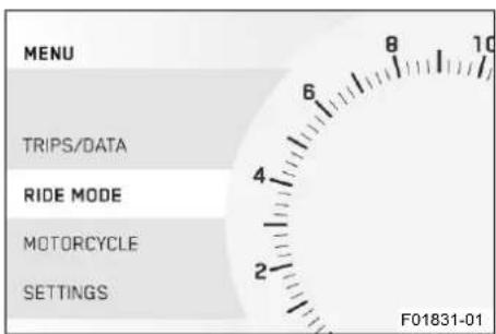 MENU TRIPS/DATA RIDE MODE MOTORCYCLE SETTINGS F01831-01