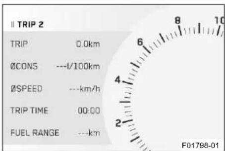 II TRIP 2 TRIP 0.0km ØCONS ---l/100km ØSPEED ---km/h TRIP TIME 00:00 FUEL RANGE ---km F01798-01