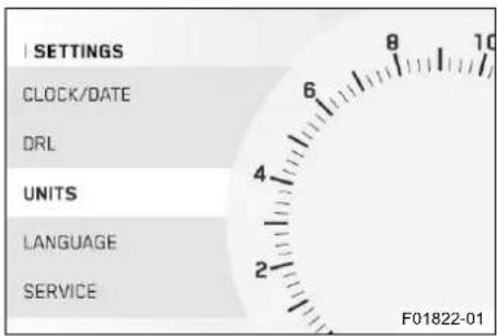 I SETTINGS CLOCK/DATE DRL UNITS LANGUAGE SERVICE F01822-01