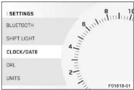 I SETTINGS BLUETOOTH SHIFT LIGHT CLOCK/DATE DRL UNITS F01818-01