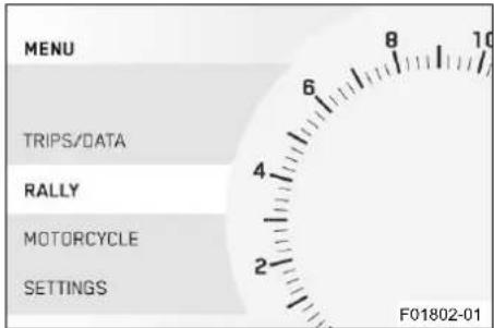 MENU TRIPS/DATA RALLY MOTORCYCLE SETTINGS F01802-01