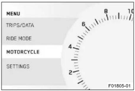 MENU TRIPS/DATA RIDE MODE MOTORCYCLE SETTINGS F01805-01
