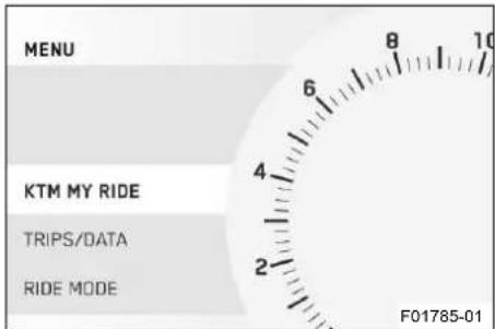 MENU KTM MY RIDE TRIPS/DATA RIDE MODE F01785-01