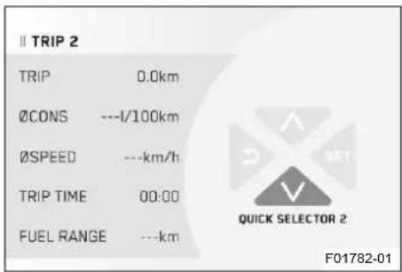 II TRIP 2 TRIP 0.0km ØCONS ---1/100km ØSPEED ---km/h TRIP TIME 00:00 FUEL RANGE ---km QUICK SELECTOR 2 F01782-01