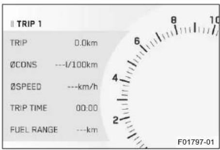 II TRIP 1 TRIP 0.0km ØCONS ---l/100km ØSPEED ---km/h TRIP TIME 00:00 FUEL RANGE ---km F01797-01