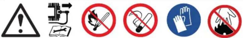 Safety warning symbols including warning triangle, circuit switch, cigarette, fire extinguisher, hand gesture, and no-smoking sign