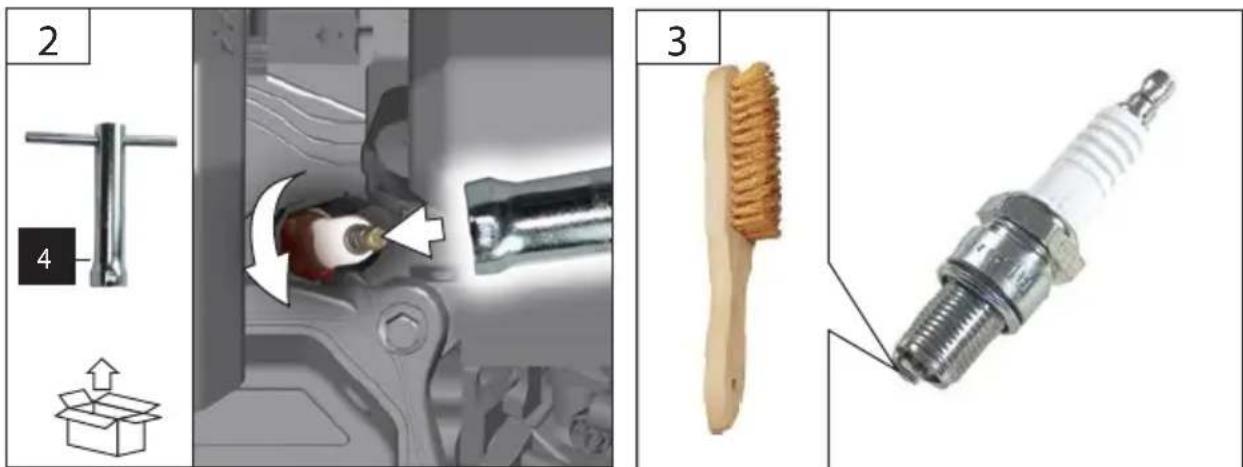 Technical diagram showing mechanical assembly steps with labeled components and a 3D model of a spark plug.