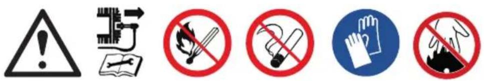 Safety warning symbols including warning triangle, circuit breaker, cigarette stopper, no smoking, hand gesture, and no smoking hand