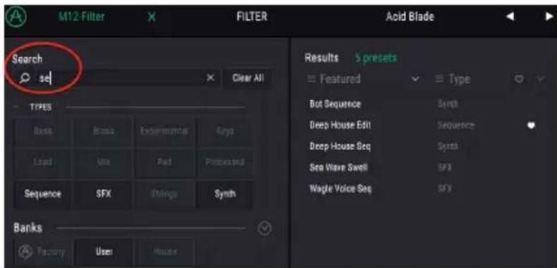 Arturia Filter M12 - Rechercher des présélections - 1