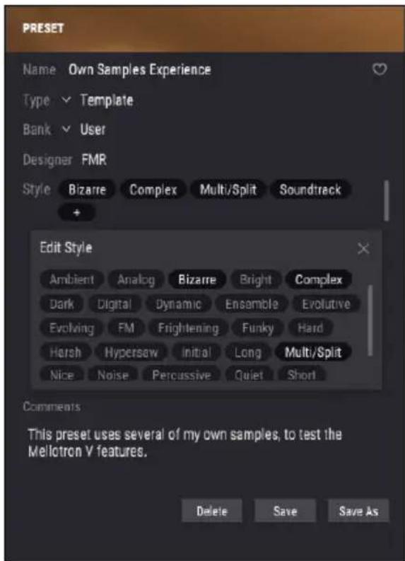 Arturia Mellotron V - La partie Preset Info - 1