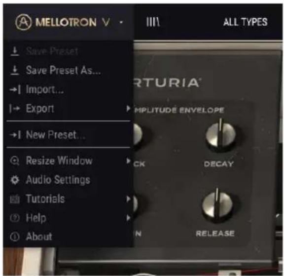 Arturia Mellotron V - Menu Arturia - 1