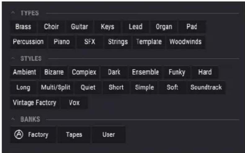 Arturia Mellotron V - Fenêtres de catégories de balises - 1
